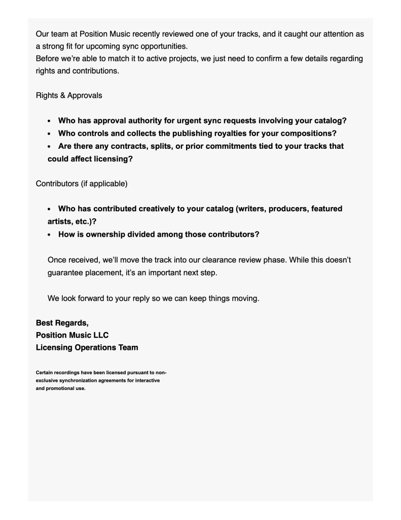 example of scam email - purporting to come from Position Music (a legit sync company)